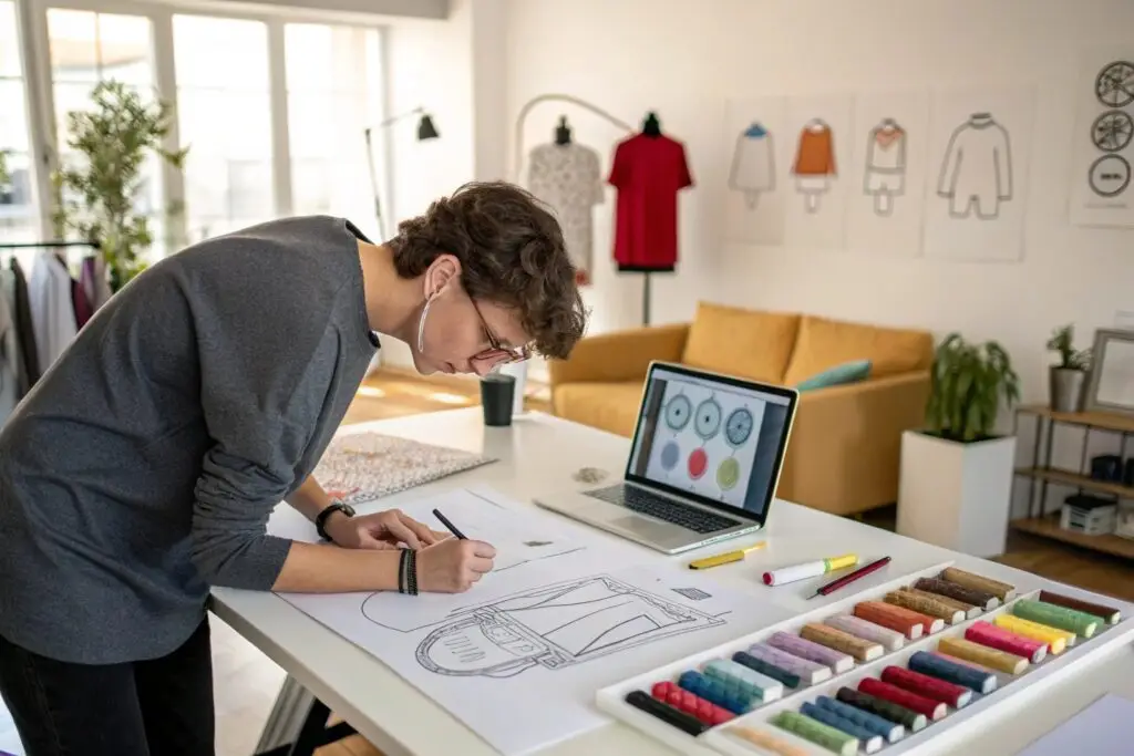 Fashion designer sketching apparel designs in a creative workspace