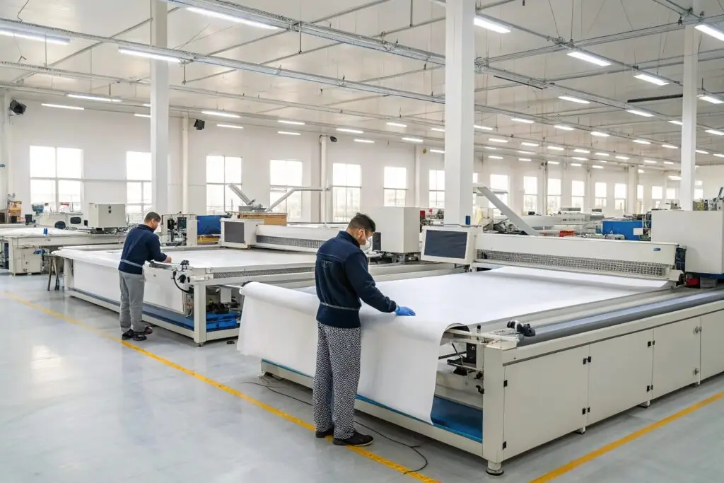 Workers using advanced machinery to cut fabric in a modern clothing factory