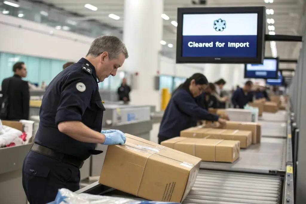 Customs officer swiftly processing a shipment