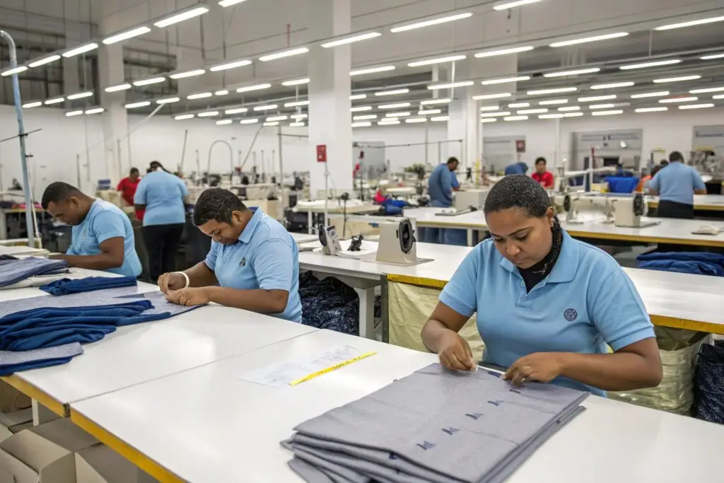 cut and sew team stitching garments in large apparel factory