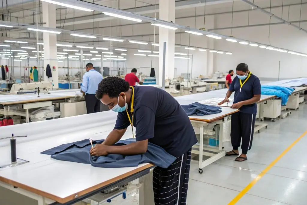 workers inspecting garment details during production in sewing facility