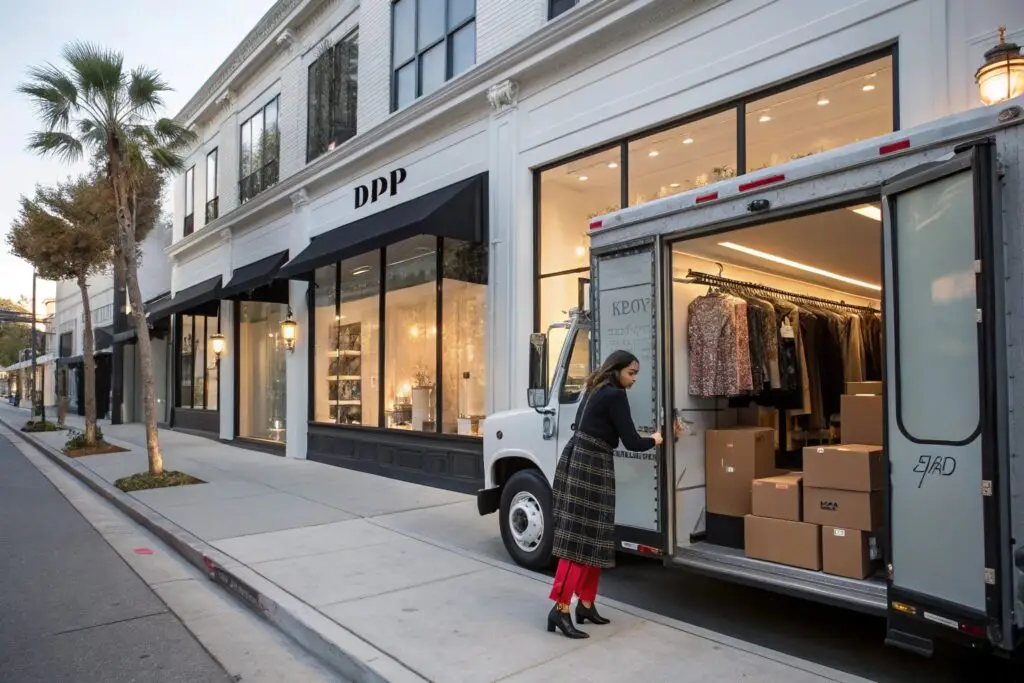 Delivery truck arriving at a fashion boutique
