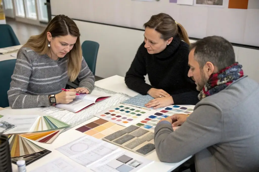 A design team discussing fabric samples and specifications