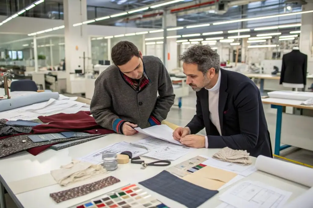 Designer and factory expert discussing fabric samples