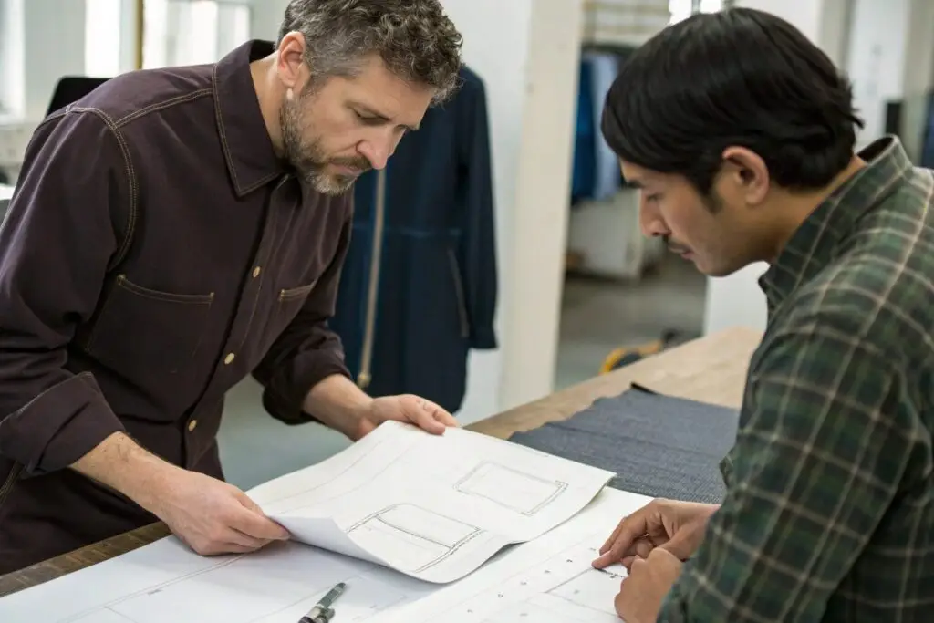 Designer and manufacturer discussing garment details and tech pack