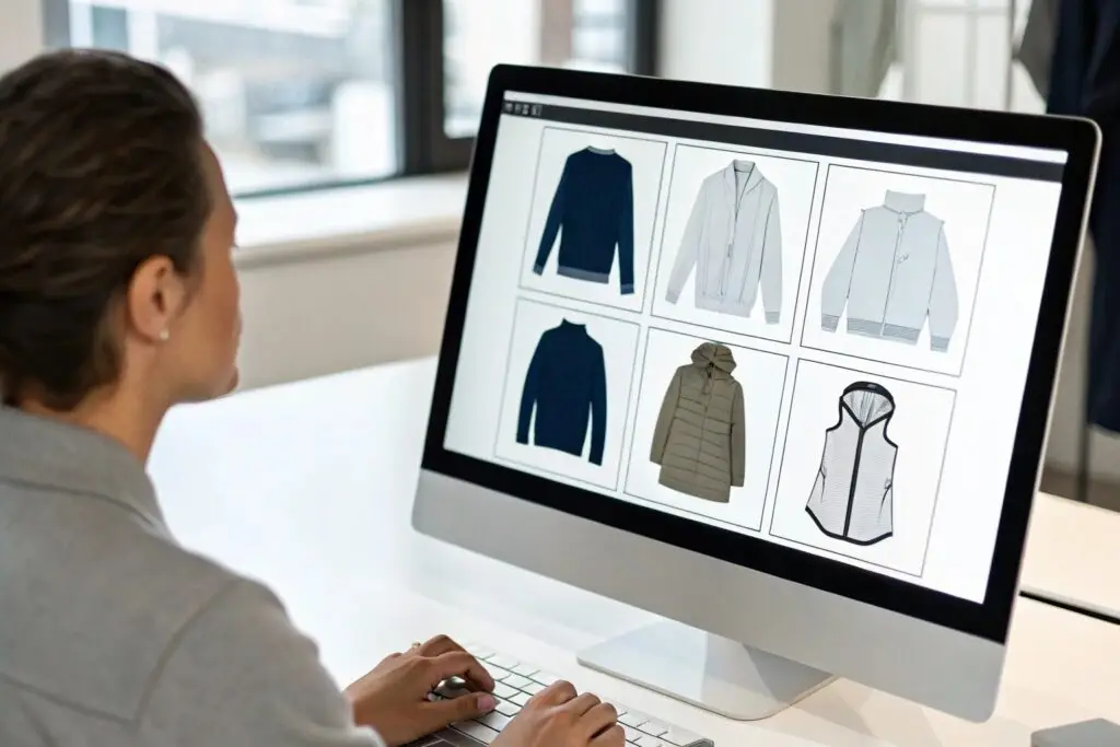 Designer browsing clothing designs on an online platform