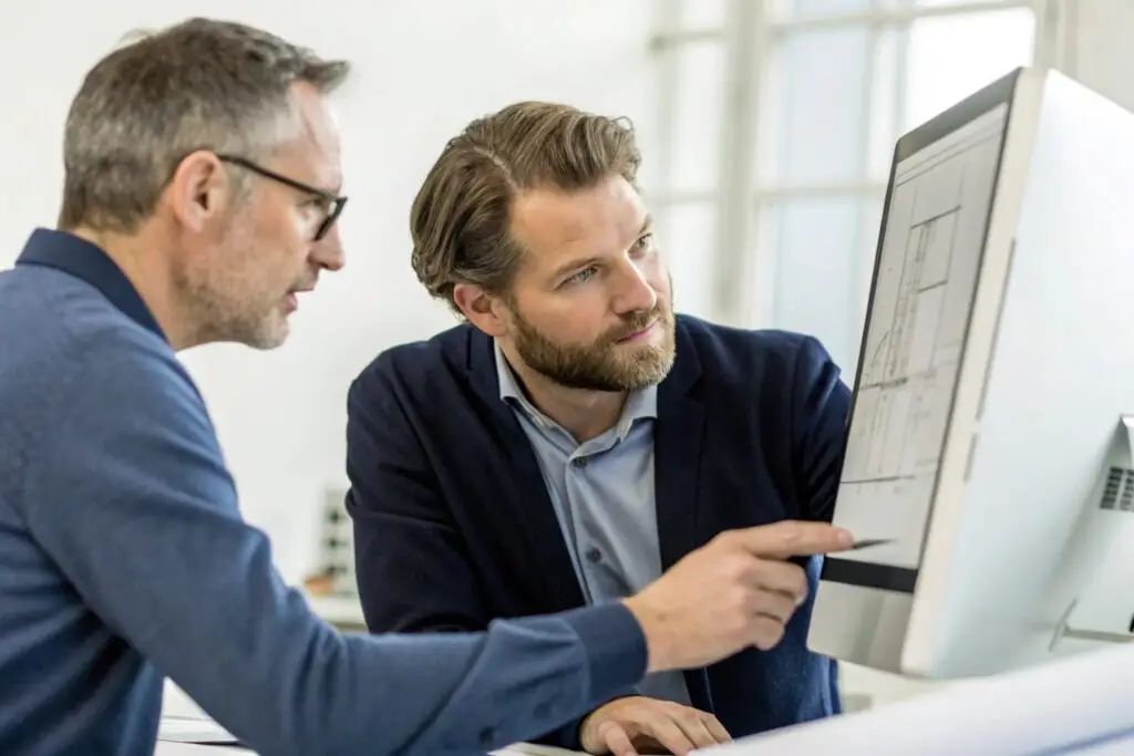 Two professionals collaborating on clothing design displayed on a computer screen