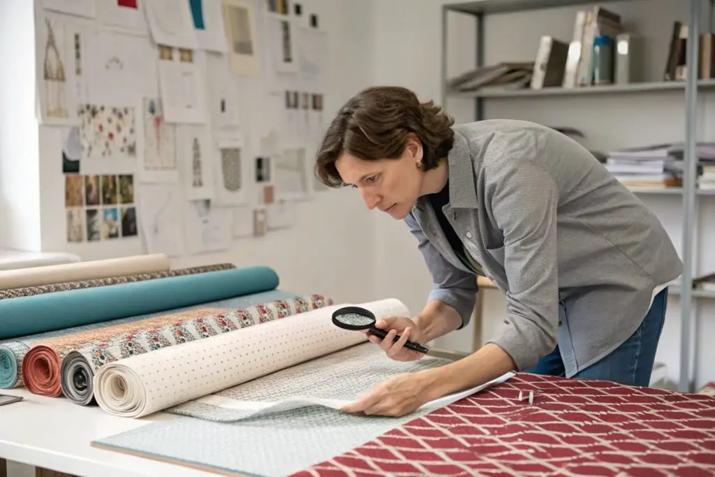 A designer examining different fabric rolls