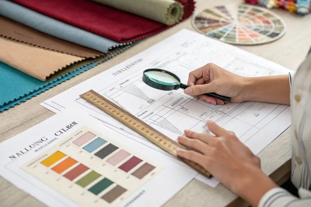 A designer reviewing fabric specifications with a magnifying glass