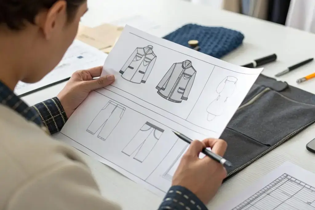Designer reviewing a comprehensive tech pack document with clothing sketches