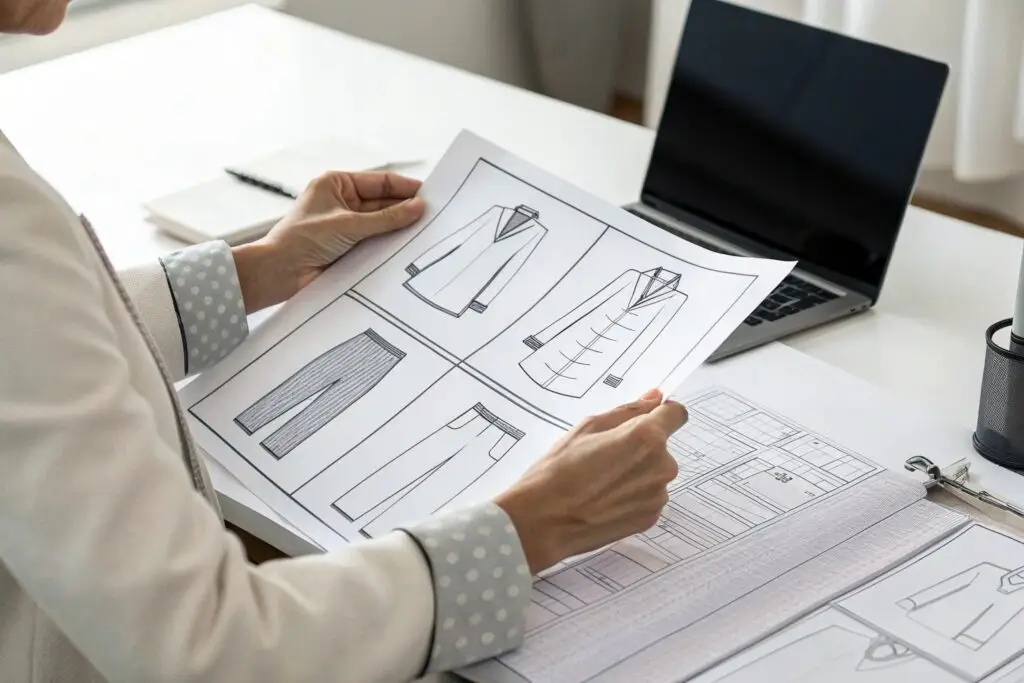 Designer reviewing a comprehensive tech pack for clothing designs