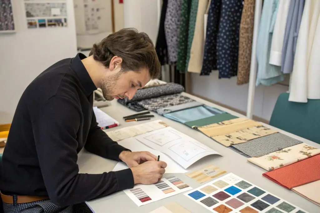 A designer reviewing fabric swatches and garment sketches