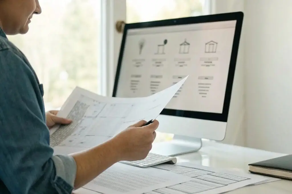Designer reviewing tech pack pricing structure on paper while using a computer