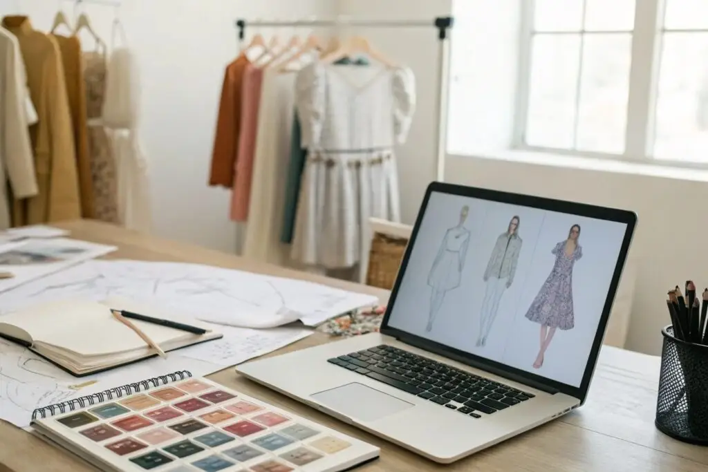 Fashion design workspace with digital sketches and fabric swatches