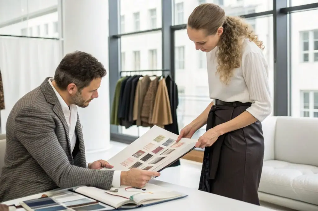 Fashion professionals discussing fabric samples and color choices