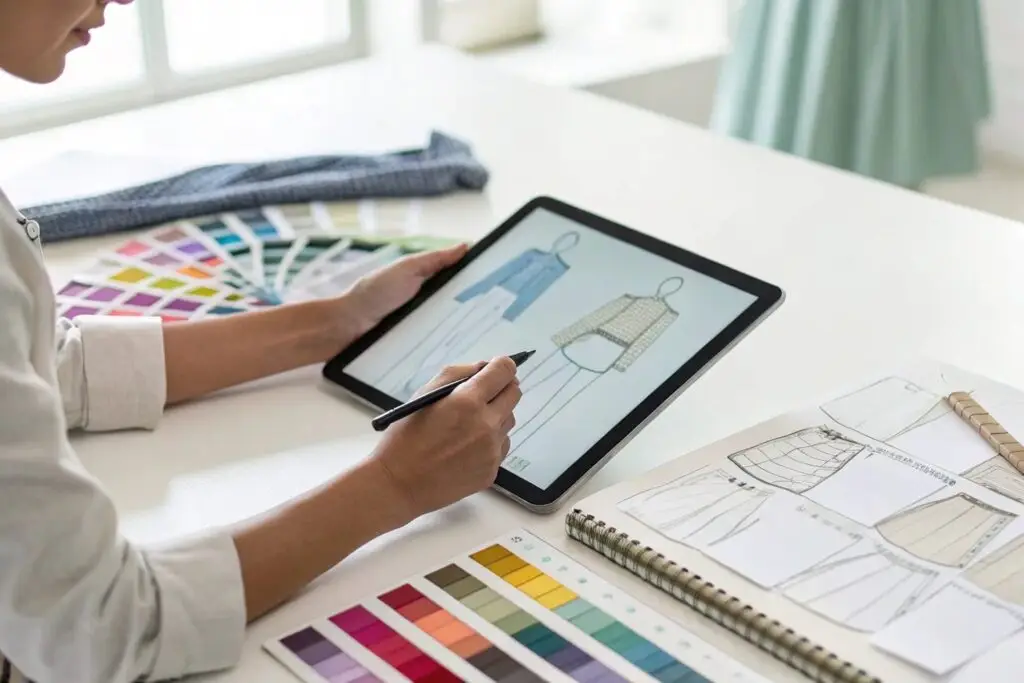 Fashion designer sketching digital clothing designs with color samples