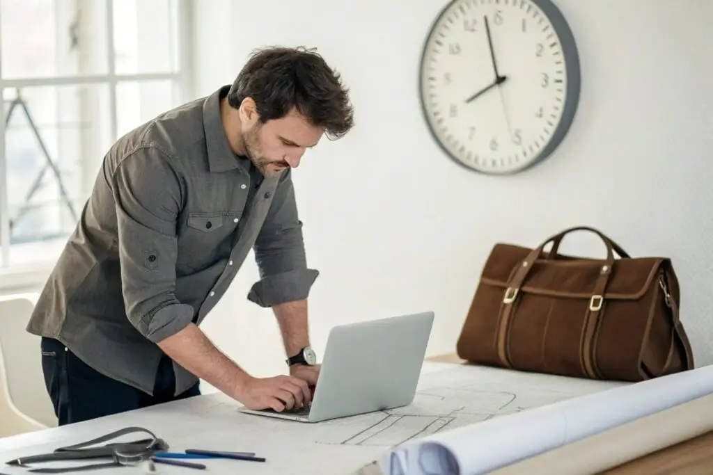 Designer working on a tech pack with a clock in the background