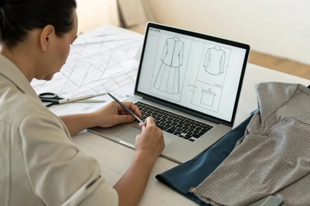Designer working with both a pattern and a tech pack on a laptop