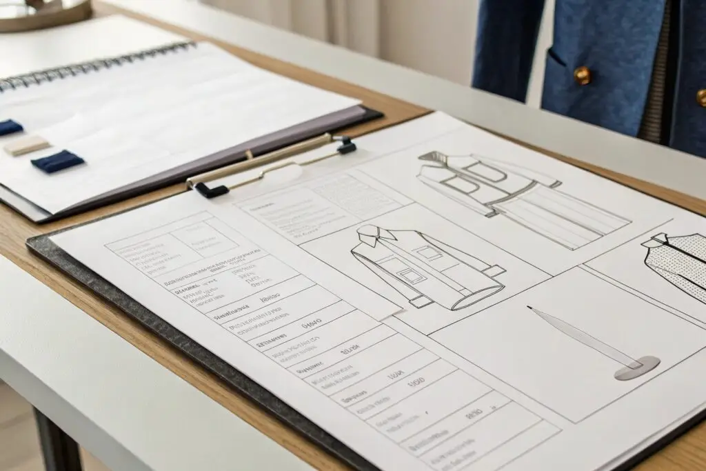 Detailed clothing tech pack document displayed on a table