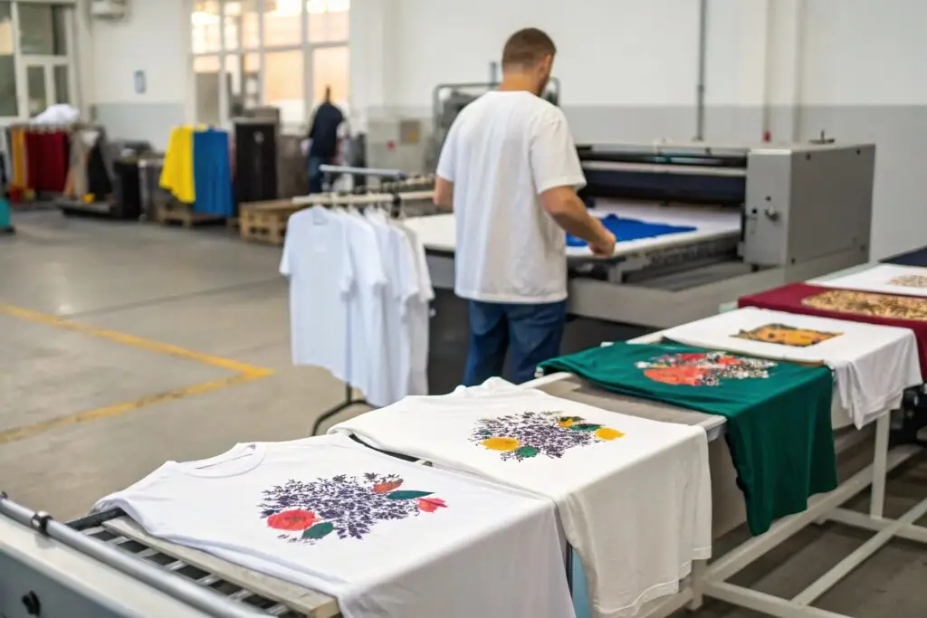 Worker operating a direct-to-garment printer with colorful printed t-shirts drying