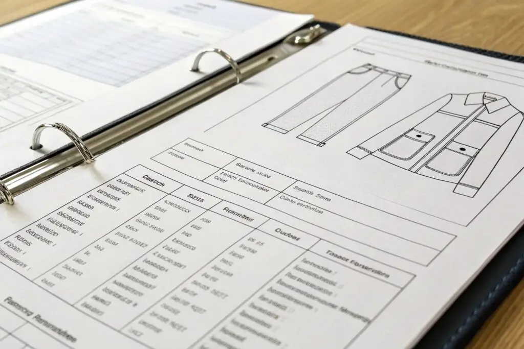 Tech pack with clothing design and measurements for jacket and pants