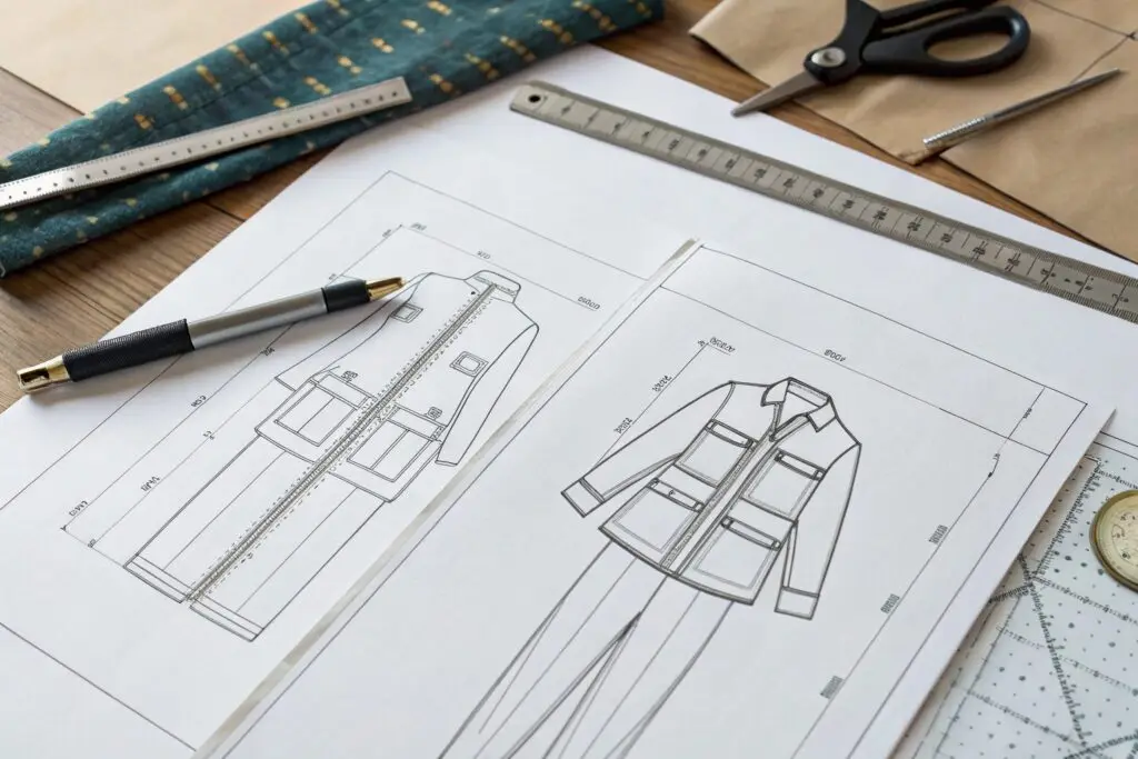 Design sketch for clothing, featuring a detailed jacket drawing with measurements