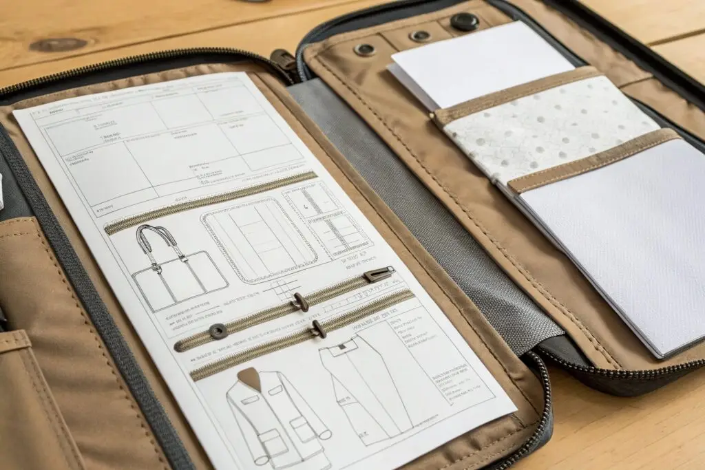 Detailed tech pack layout with garment specifications and design details