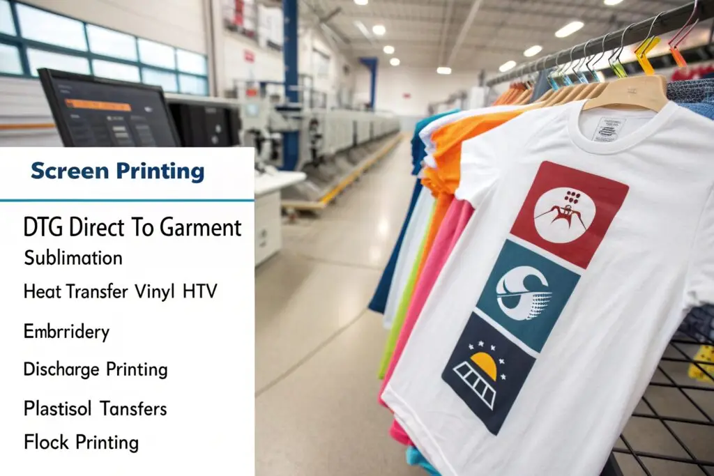 A detailed infographic showcasing different garment printing methods in a modern facility