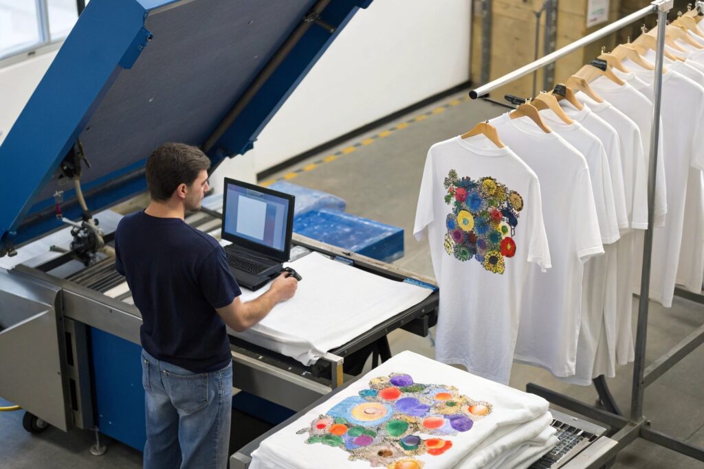 Digital printing process on custom t-shirts, vibrant floral design