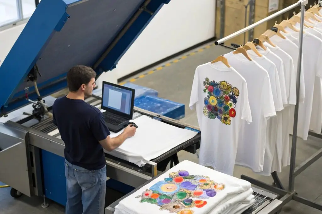 Digital printing process on custom t-shirts, vibrant floral design