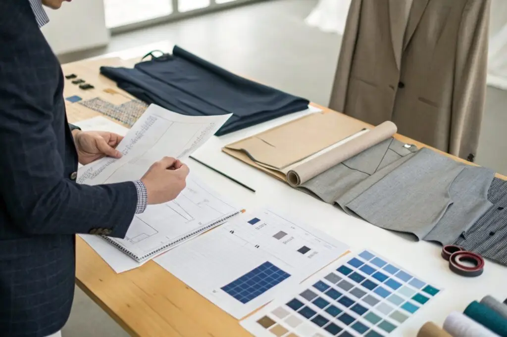 Fashion designer reviewing technical sketches and fabric samples