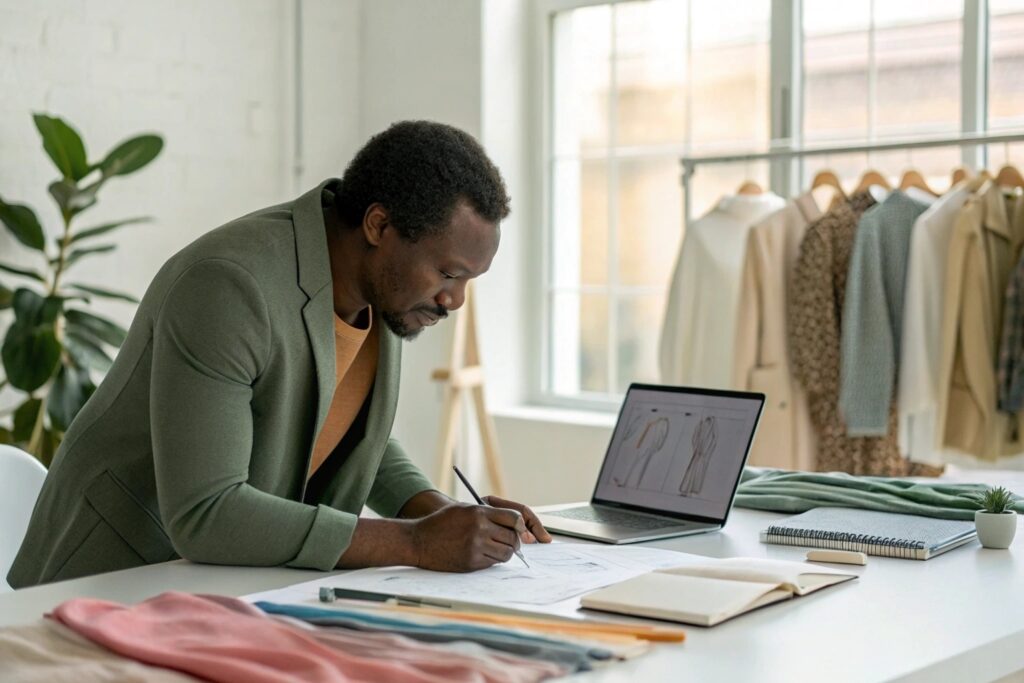 Fashion designer sketching clothing designs with fabric samples