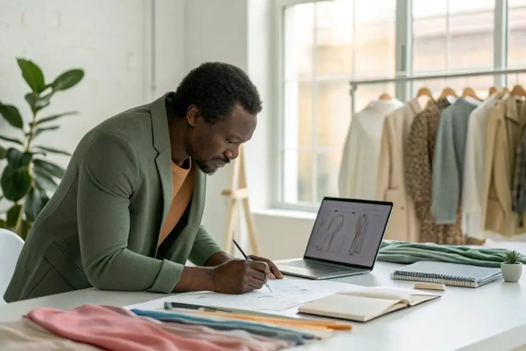 Fashion designer sketching clothing designs with fabric samples