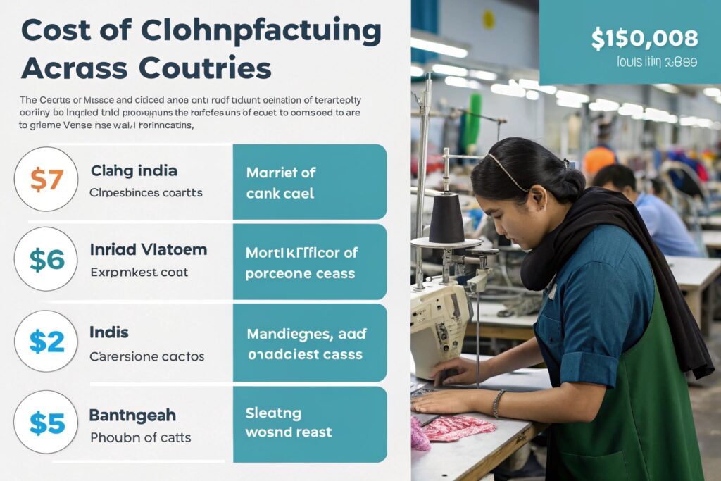 Global clothing manufacturing cost comparison, featuring a worker sewing garments in a factory