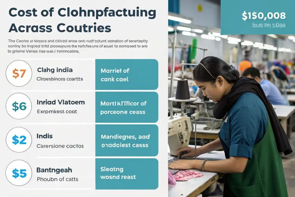 Global clothing manufacturing cost comparison, featuring a worker sewing garments in a factory