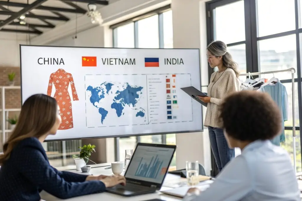 Business meeting analyzing global clothing manufacturing trends