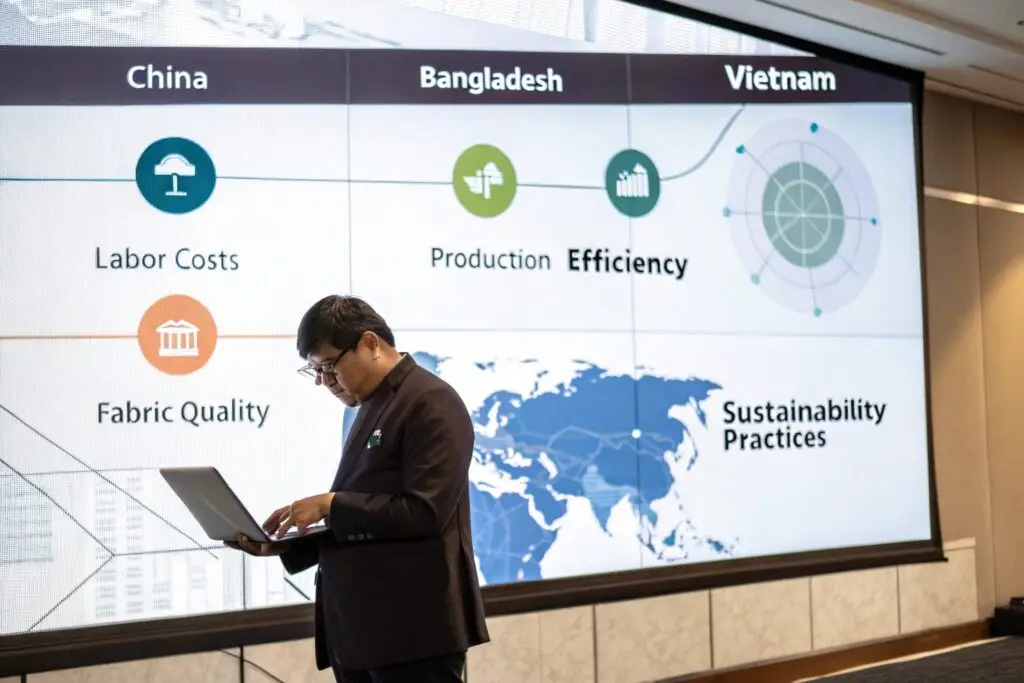 Business professional analyzing global garment manufacturing costs