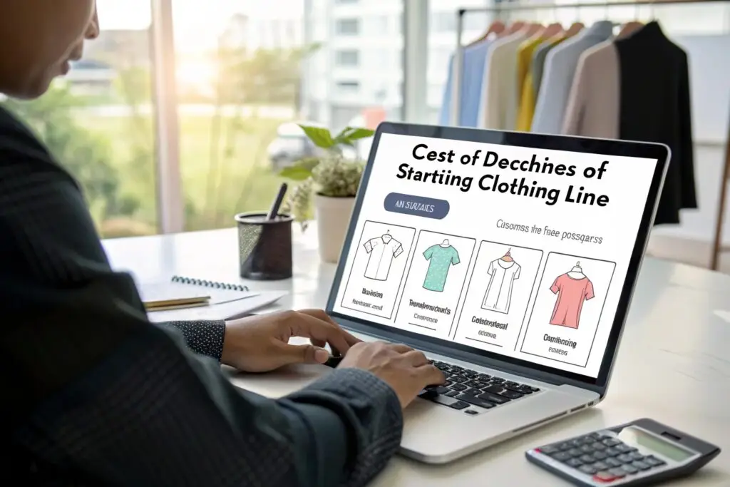 Entrepreneur analyzing clothing line startup costs on a laptop