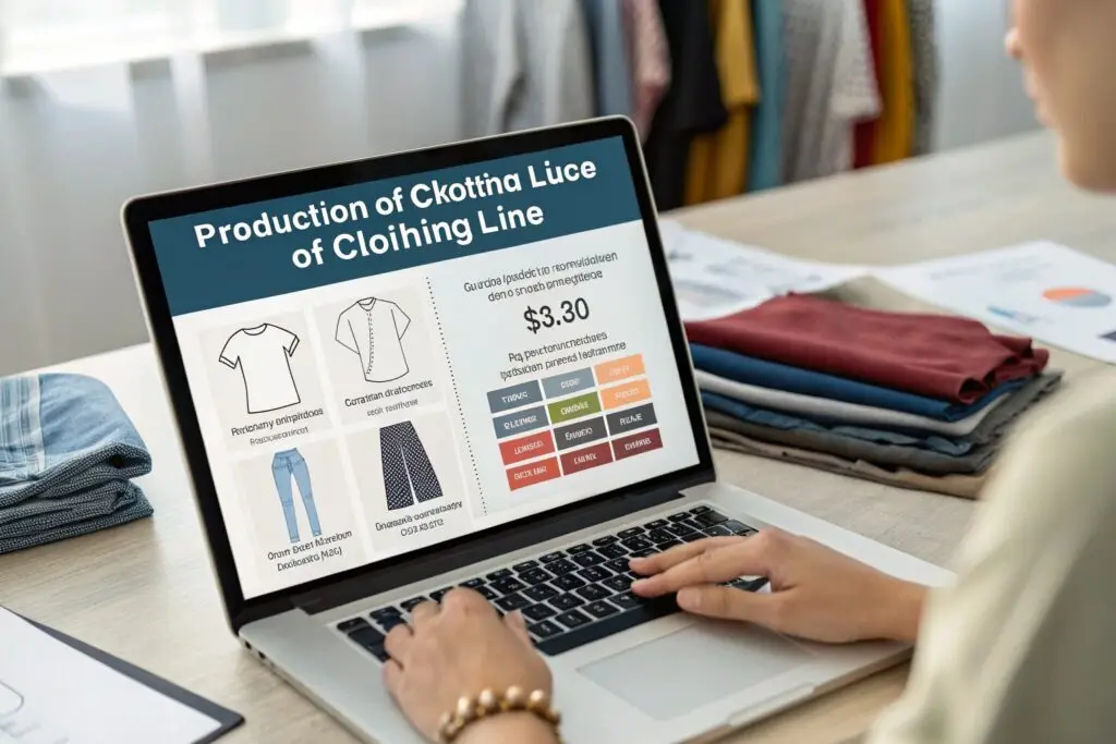 Clothing production cost breakdown, shown on a laptop screen with fabric samples