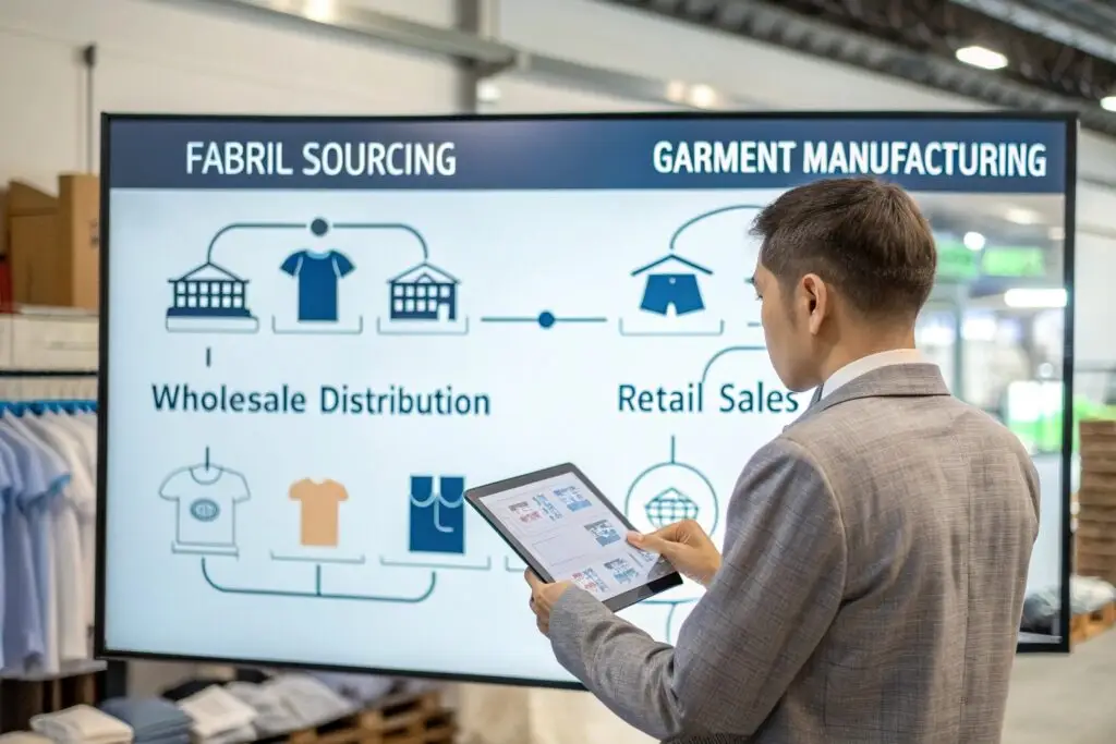 Apparel industry infographic showing fabric sourcing and garment manufacturing process