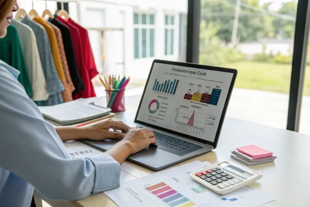 Fashion business owner analyzing pricing and cost breakdown