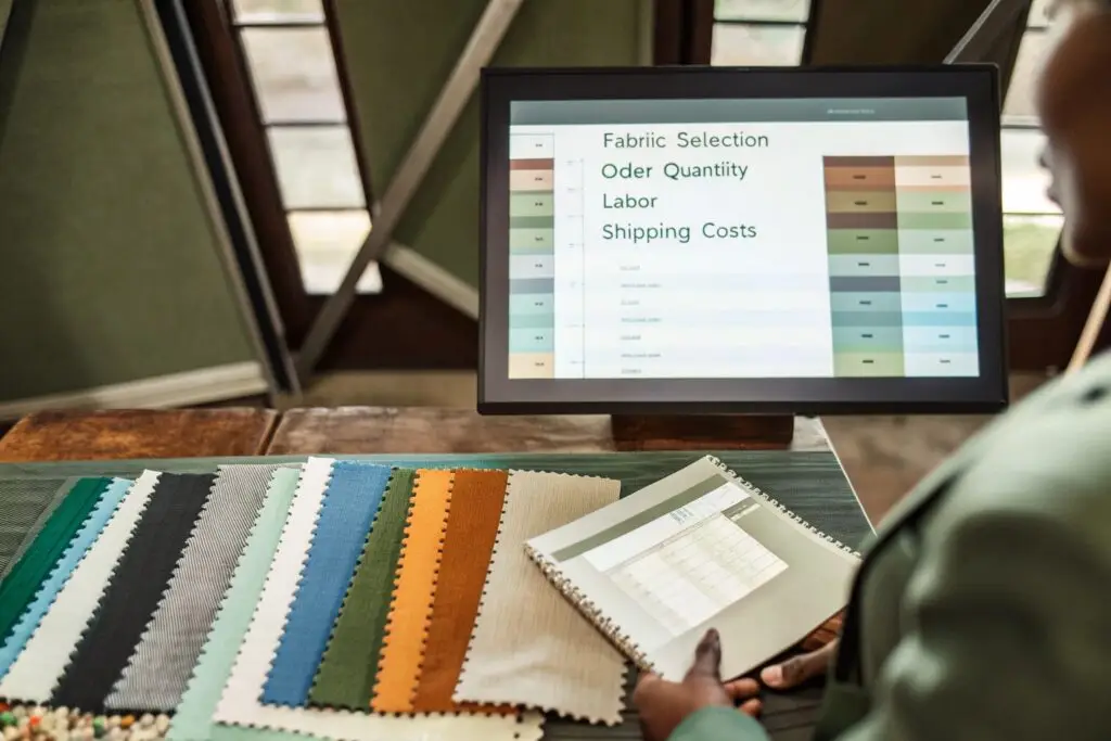 A professional reviewing fabric selection options with a digital cost breakdown on a screen, analyzing order quantity, labor, and shipping costs.