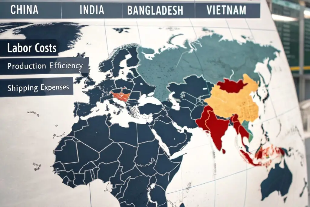 A digital world map highlighting major clothing manufacturing hubs