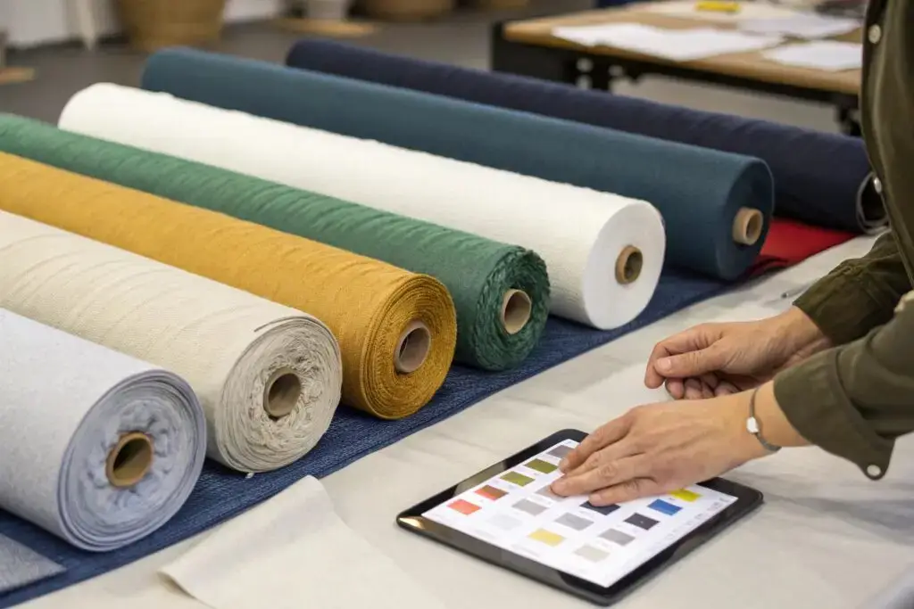 Fashion designer selecting fabric colors using a digital palette