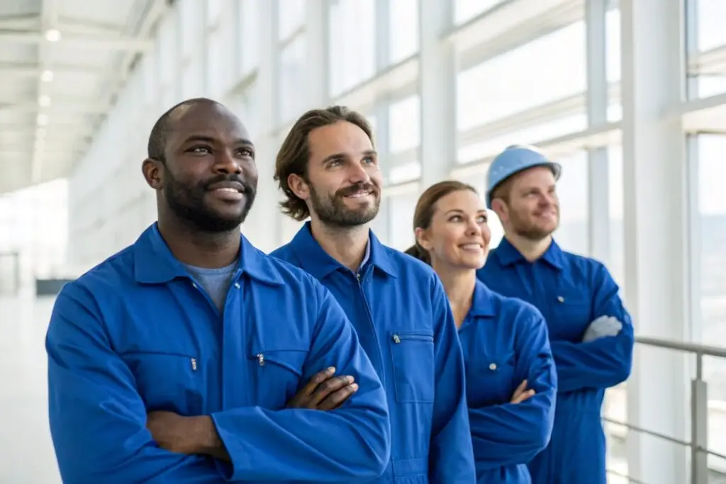 Diverse group of employees in matching uniforms smiling in a modern industrial space