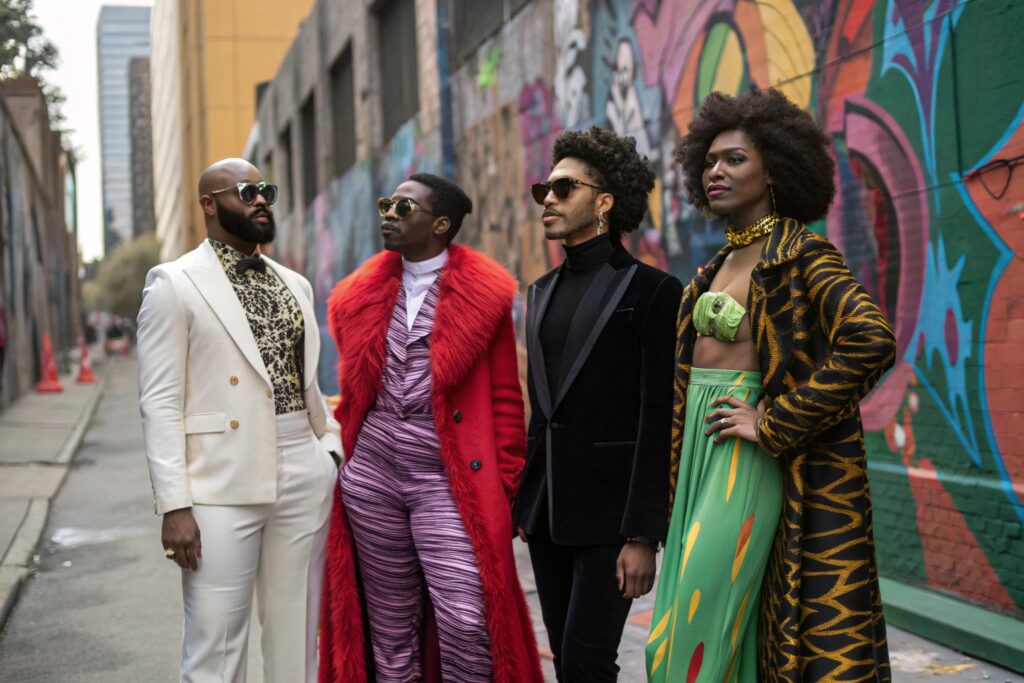 Diverse group of individuals wearing unique and bold fashion in the city