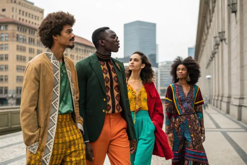 Diverse group of people wearing trendy outfits in the city