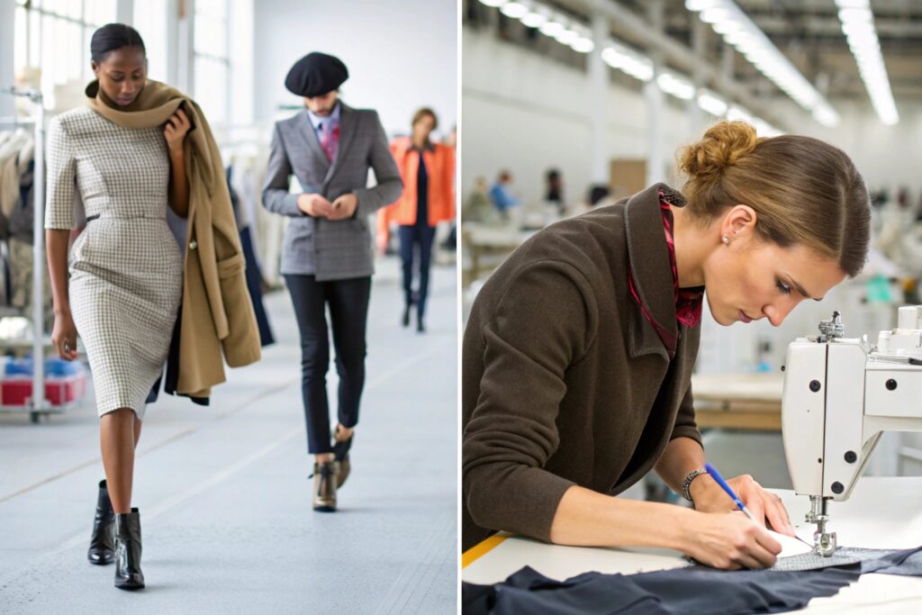 Dynamic collage showcasing different aspects of fashion design and production