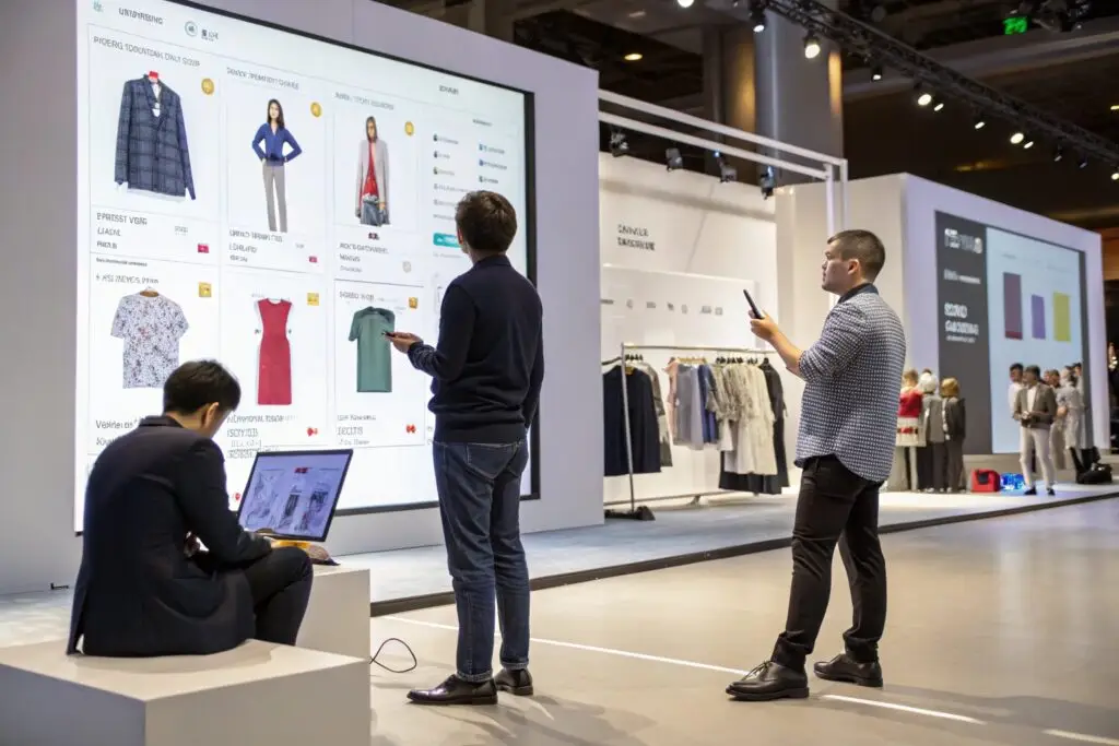 Fashion buyers exploring digital clothing catalog at trade show
