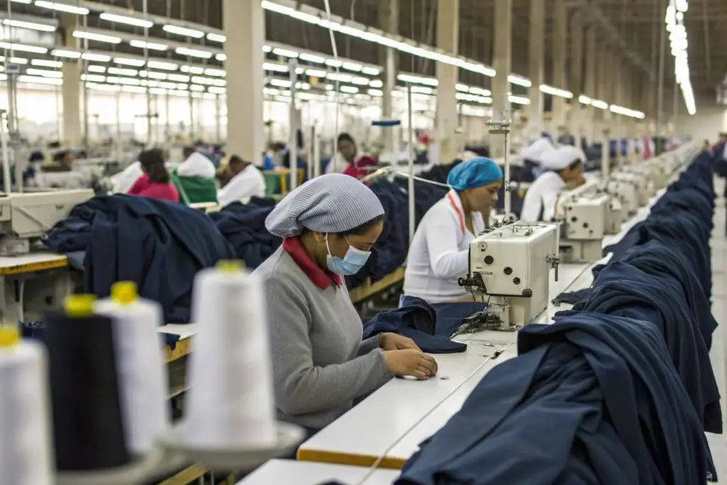 Workers sewing garments in production line